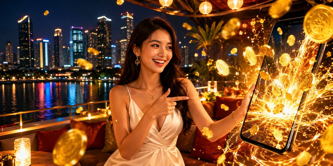 Pengguna mengakses casino mobile di pasar malam yang ramai dengan suasana meriah